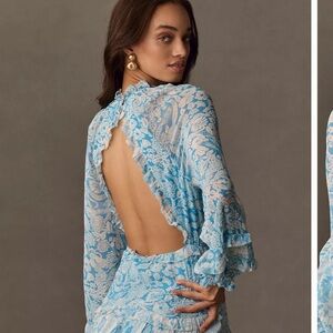 Anthropologie Blue Floral Women's Dress long Sleeve Size Small